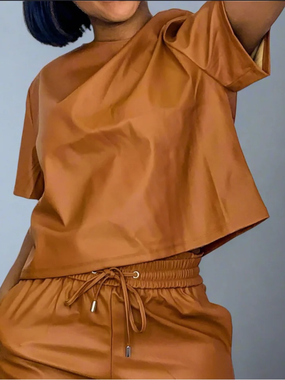 Zenana Outfitters Cropped Faux Leather Top in Cognac Brown